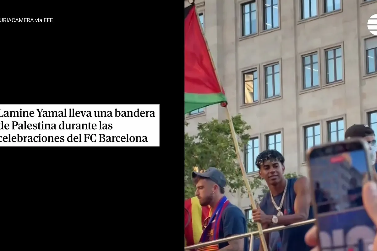 Lamine Yamal aparece con la bandera de Palestina en la celebración del FC Barcelona
