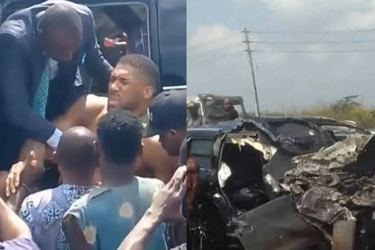 Momento en el que el boxeador Anthony Joshua es rescatado tras sufrir un accidente de coche