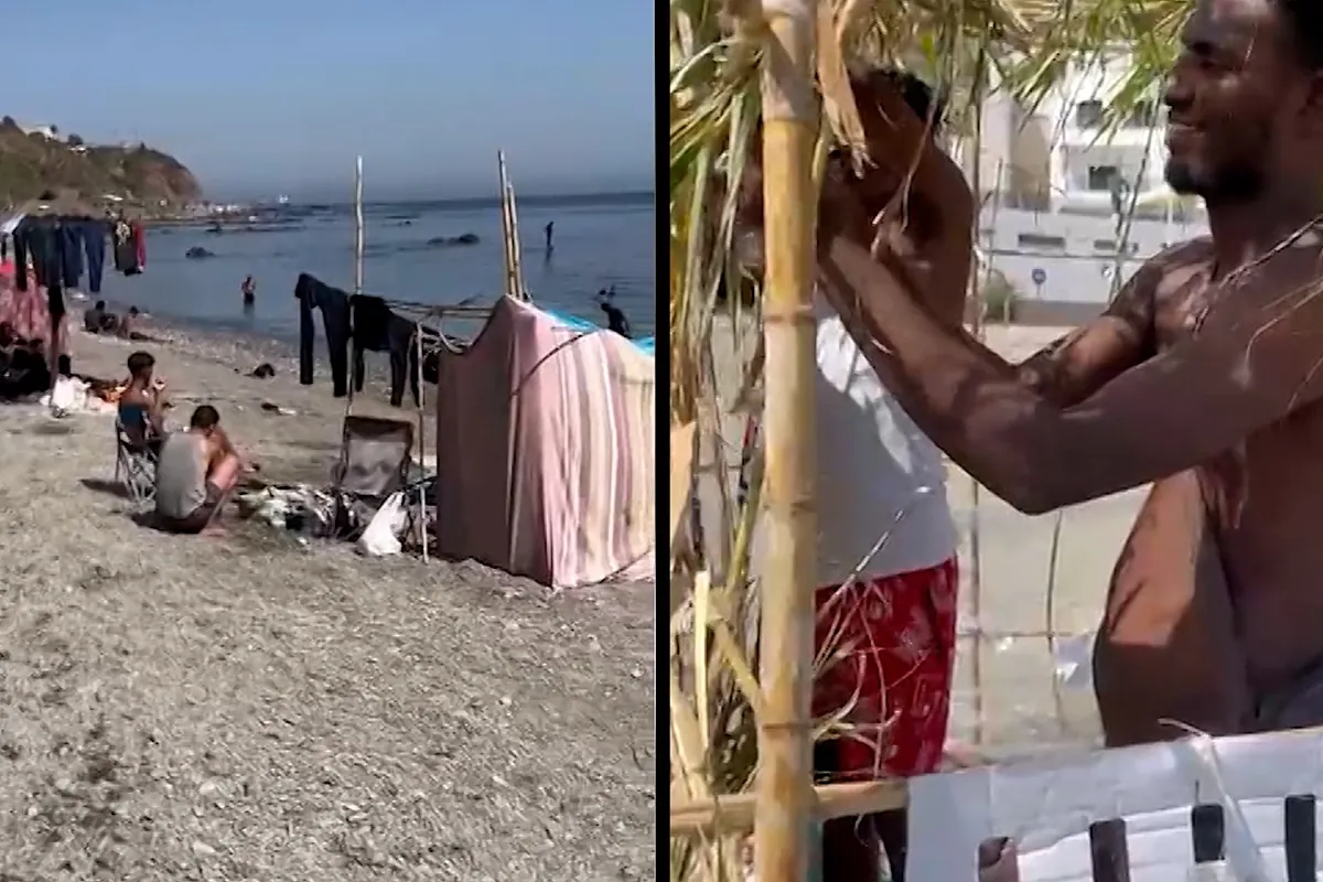 Los inmigrantes construyen chabolas en la playa del Trampolín de Ceuta, un campamento improvisado de 1.500 personas