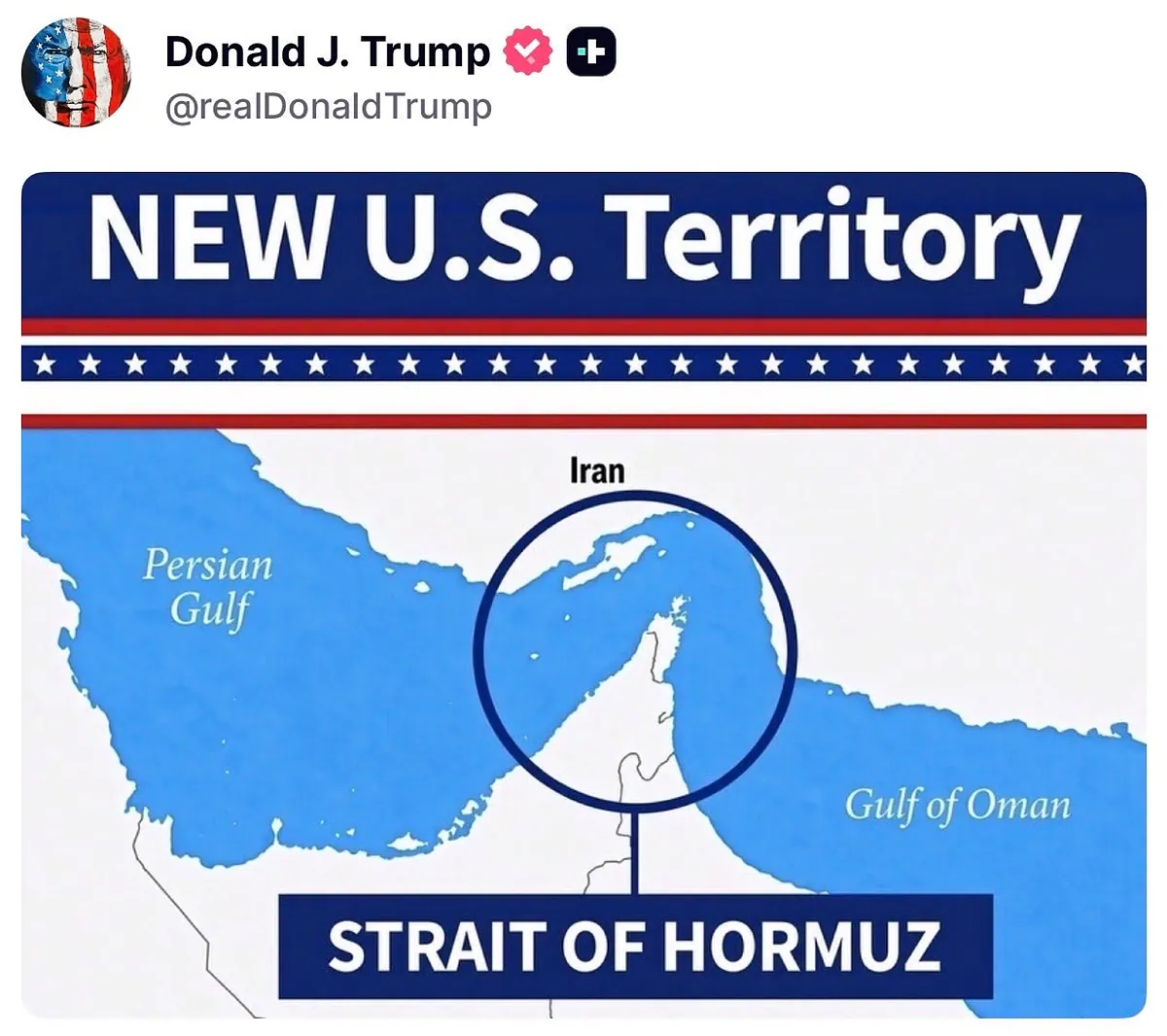 Donald Trump publica un mapa con el Estrecho de Ormuz como "nuevo territorio estadounidense"