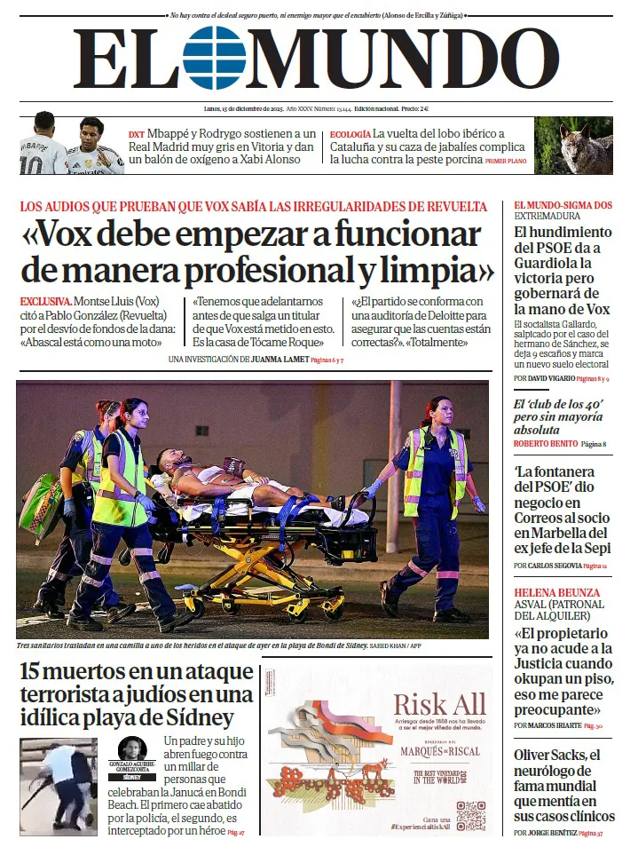 Portada de EL MUNDO del lunes 15 de diciembre de 2025 | Medios