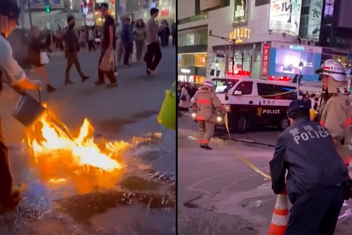 Echa gasolina y prende fuego en medio del famoso cruce de Shibuya en Tokio