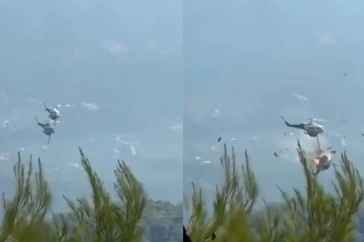 El momento del choque mortal de dos helicópteros mientras combatían un incendio en Atenas