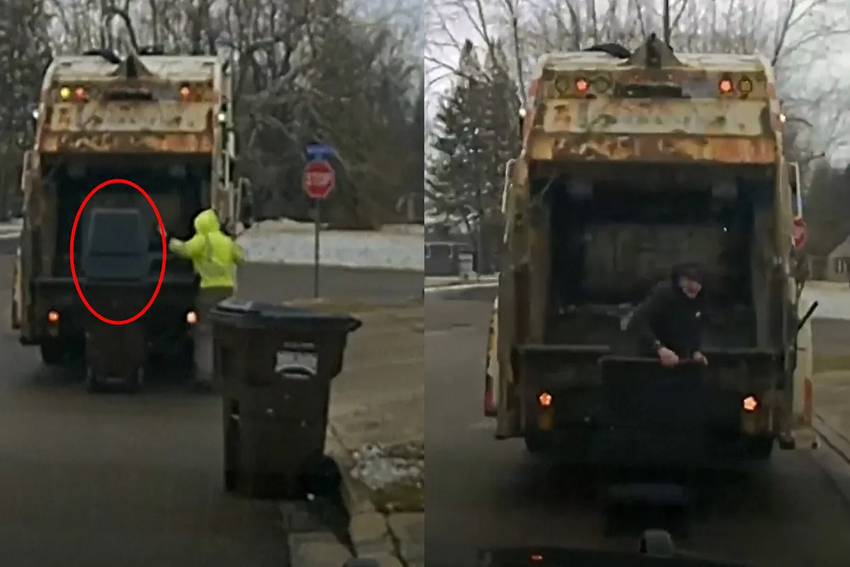 El susto de un trabajador al ver a una persona metida en un cubo de basura