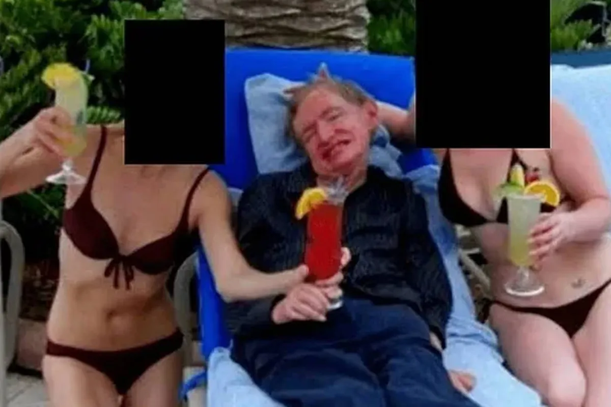 Una foto de Stephen Hawking acompañado por dos mujeres en bikini, entre los documentos de Epstein