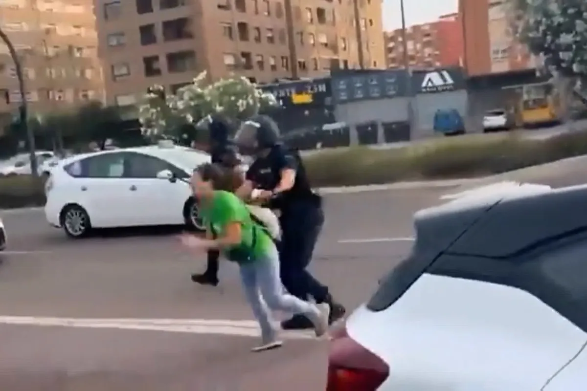 Un policía empuja a una profesora durante una manifestación en Valencia