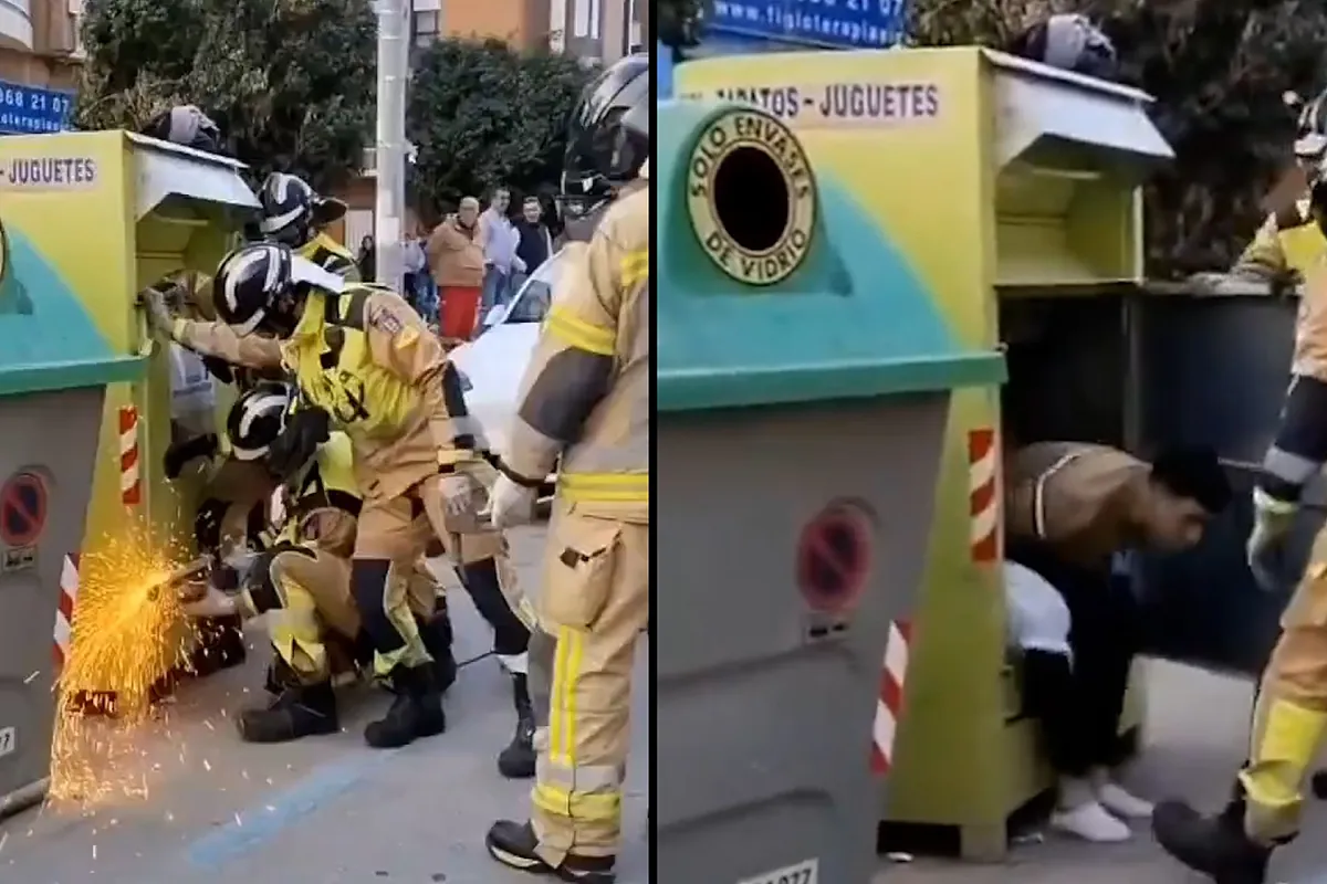 Liberan a un hombre que se coló en un contenedor de ropa en Murcia y quedó atrapado