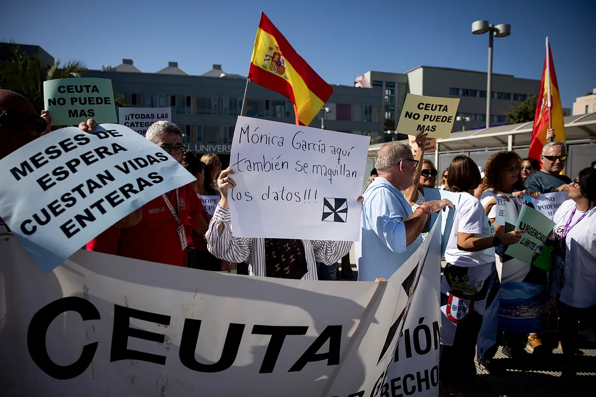 Concentración de sanitarios ceutís contra la ministra de Sanidad Mónica García: "¡Aquí también se maquillan los datos!"